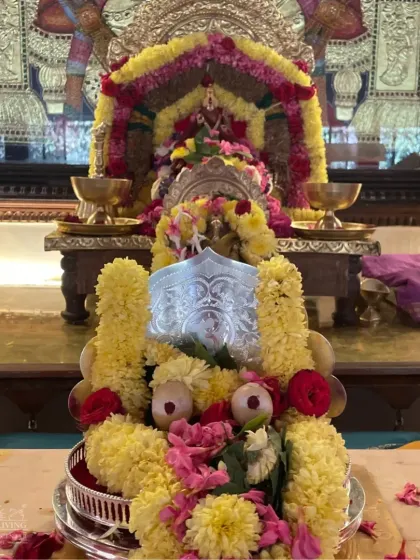 A close up of the Somnath Jyotirlinga, adorned with flowers. We are overjoyed to share its divine energy with everyone who visits the ashram.