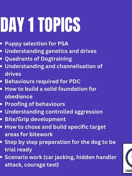The Day 1 topics for my PSA seminar, covering puppy selection, genetics, drives, and building a solid foundation for obedience and bite work.