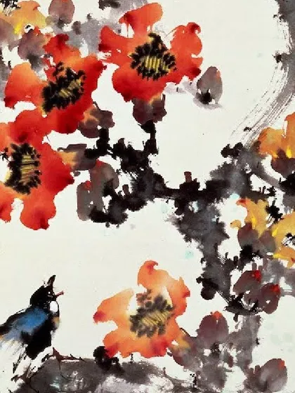 We offer specialized classes in traditional art forms like Chinese watercolor painting. This piece, with its delicate brushstrokes and balanced composition of a bird and flowers, is a beautiful example of what you can learn.