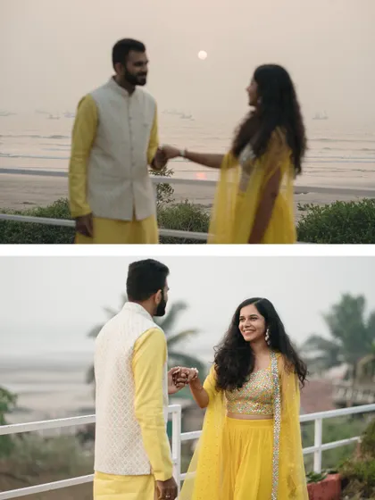 A sweet interaction between the couple against the backdrop of a setting sun. These candid moments add a layer of warmth and authenticity to the wedding album.
