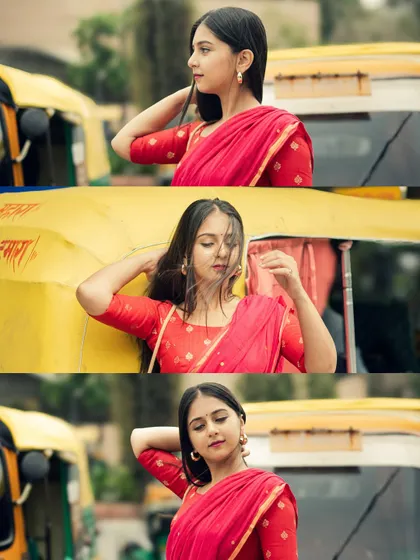 Using a classic Delhi auto-rickshaw as a prop for a portrait session. The bright yellow adds a wonderful pop of color and a distinctly urban feel to the photographs.
