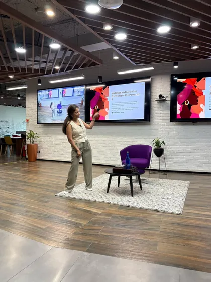 A shot of me presenting at LinkedIn India, discussing wellness and nutrition for modern women.