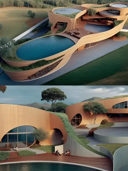 Visualizations of the concept with a warm, wood-clad finish, creating an organic, resort-like feel.