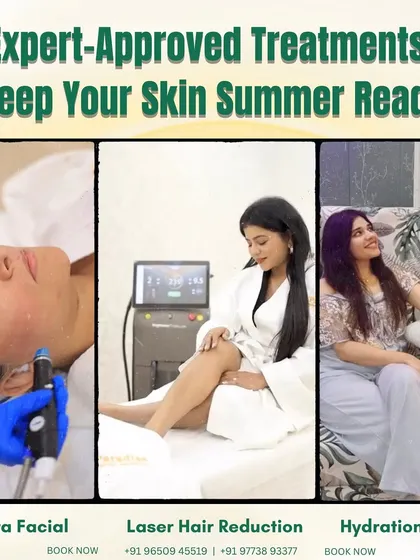 This graphic details our top three expert-approved treatments to keep your skin summer-ready. It visually represents the HydraFacial for deep cleansing, Laser Hair Reduction for smooth skin, and a Hydration Drip to replenish from within.