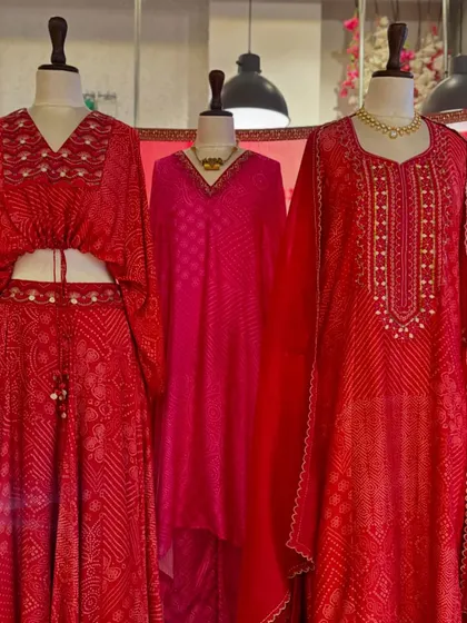 A vibrant collection of red and pink bandhani outfits by Punit Balana. From crop tops and skirts to kaftans, these pieces are perfect for a festive, bohemian-chic vibe.