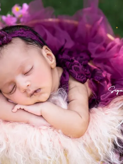 A sweet newborn girl napping in a basket, nestled among purple flowers in a beautiful garden setting.