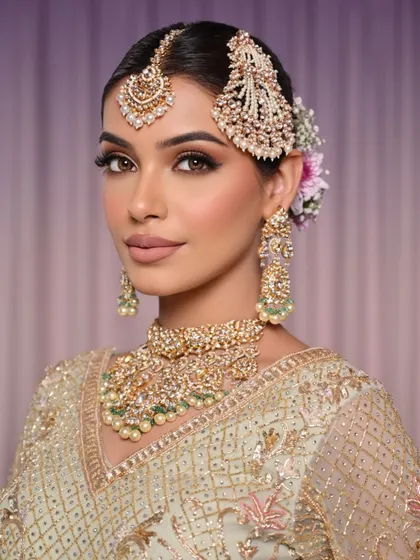 The eye makeup is soft yet defined, with a subtle wing and shimmery shadow that complements the pastel outfit.