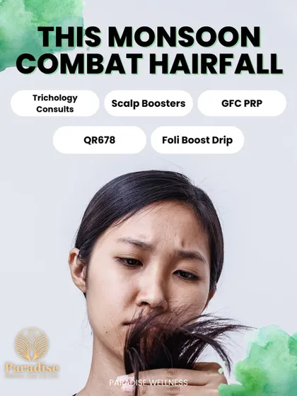Seasonal changes, like the monsoon, can trigger significant hair fall. I offer a multi-pronged approach to combat this, including detailed trichology consultations, targeted scalp boosters, GFC PRP sessions, QR678, and specialized Folliboost IV drips to strengthen your hair from the inside out.