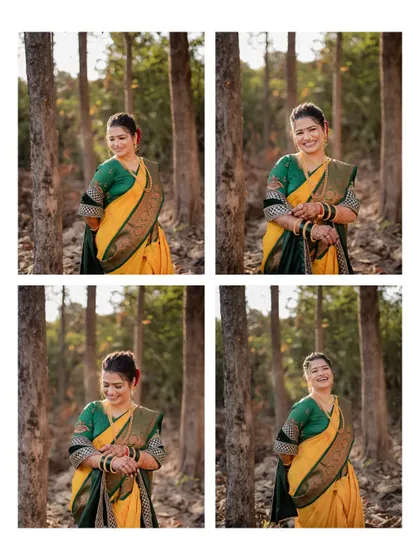 A four-photo grid of the bride posing in a forest setting, capturing her happy and serene expressions.