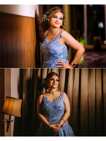 A collage of the bride's portraits, showing off her stunning blue gown and elegant hairstyle from different perspectives.