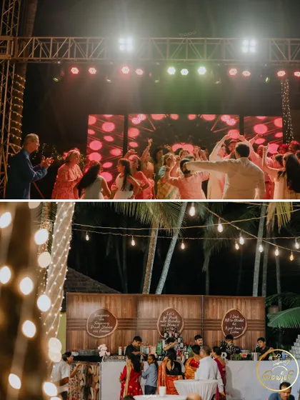 A collage showing the lively dance floor and the band performing at the Sangeet.