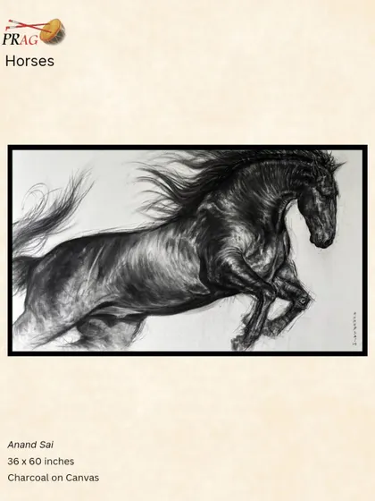 A stunningly realistic charcoal drawing of a black horse in motion by Anand Sai, its muscles and flowing mane captured with incredible detail.