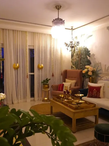 Another view of my living room during Diwali. The warm lighting and festive decor make the space feel magical.