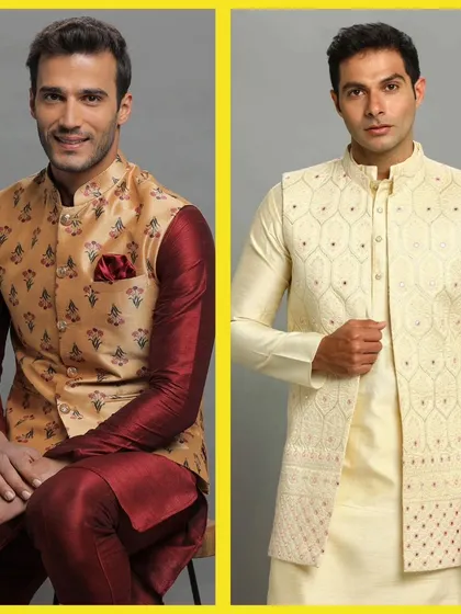 A printed bandi with a maroon kurta and a cream embroidered bandi set. These pre-loved pieces are perfect for adding a touch of elegance to your ethnic look.