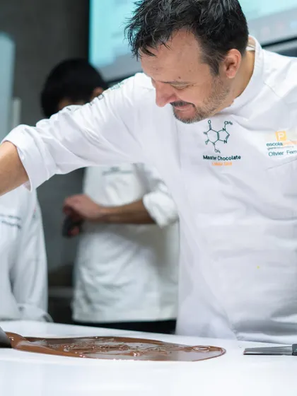 Master Chocolatier Olivier Fernandez demonstrates the art of working with freshly made chocolate. Learning from such experts is a core part of our program.