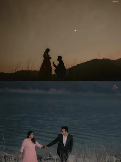A silhouette of a proposal during a pre-wedding shoot at sunset, creating a beautifully romantic and timeless image.