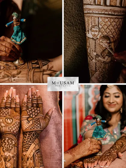 A collage showcasing the artistry of Mehendi. From the artist's steady hand creating portraits on the bride's arm to the final intricate design, this captures the entire process and its beautiful result.