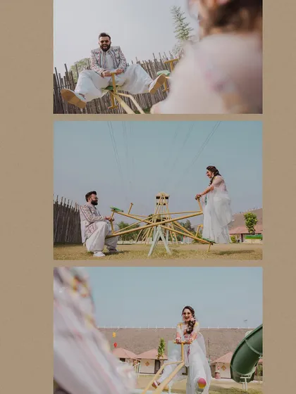 A three-panel collage capturing the fun and playful side of a couple at their pre-wedding event, showing them on a seesaw and a merry-go-round.