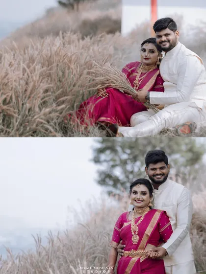 A collage of portraits from the engagement shoot in a field of tall grass, showing both posed and smiling shots.