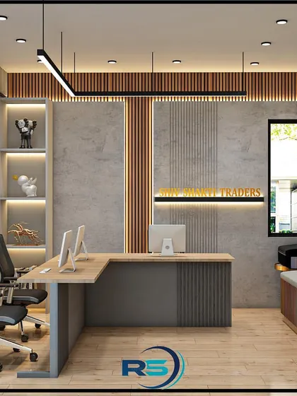 We also design and build professional office environments. This 3D concept for a modern office features a custom L-shaped desk, integrated shelving with accent lighting, and comfortable seating, creating a productive and stylish workspace.