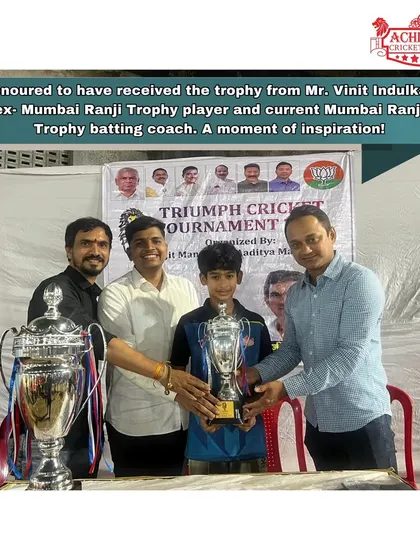 A proud moment as our team receives the runners-up trophy for the Triumph T20 Tournament from Mr. Vinit Indulkar, ex-Mumbai Ranji Trophy player.