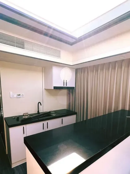 The kitchenette and bar area in the Space Capsule E8 are designed with a sleek black countertop. It's a modern and practical setup for holiday homes or hospitality units.