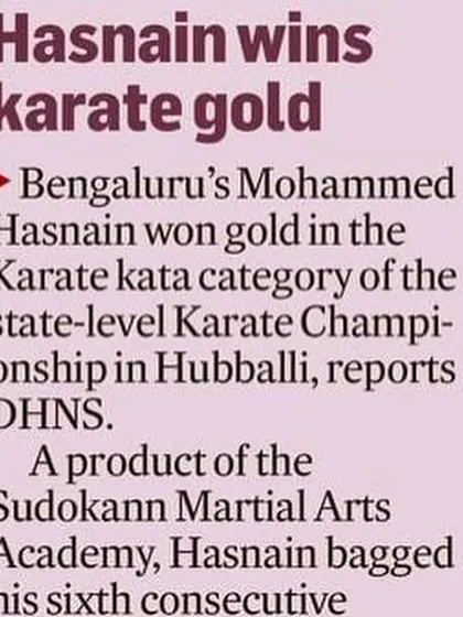 A news brief from Deccan Herald News Service (DHNS) reporting on Hasnain's sixth consecutive gold medal win at the state-level championship in Hubballi.