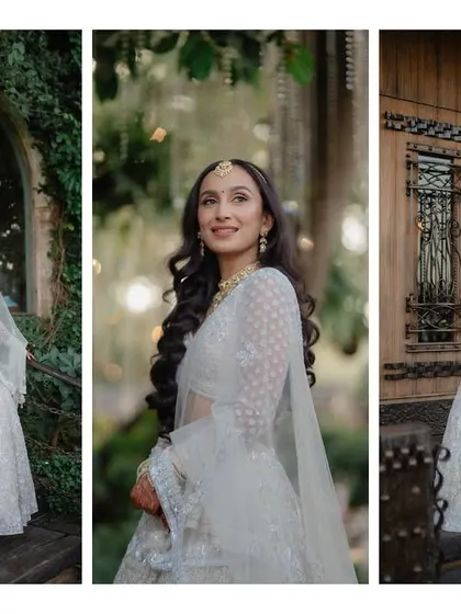 A triptych of the bride's portraits, showcasing her elegance and the beautiful details of her outfit against a rustic wooden door.