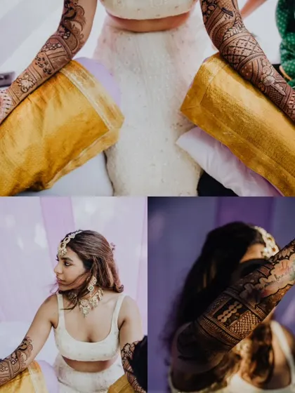 A collage focusing on the intricate Mehendi designs for the bride Anuradha, a beautiful and essential part of the wedding preparations.