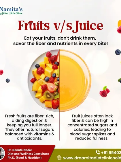 A common question I get is whether to eat whole fruits or drink juice. I always recommend eating your fruits. Whole fruits are rich in fiber, which aids digestion and keeps you feeling full longer, unlike juices that can be high in sugar.