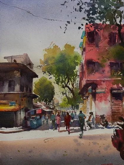A watercolor cityscape showing a busy street corner with a distinctive red building. This painting is an exercise in capturing urban energy.