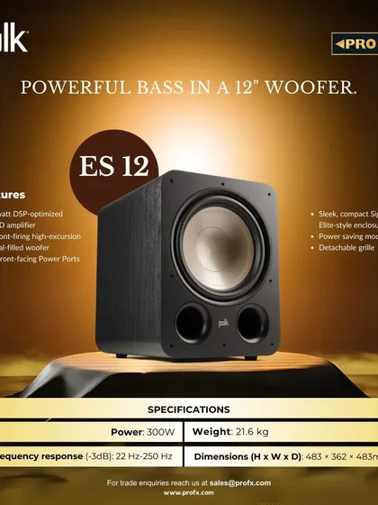 A detailed look at the POLK Signature Elite ES12 Subwoofer. This 12-inch, 300-watt powerhouse features dual front-facing Power Ports and a high-excursion woofer to bring your audio to life with deep, impactful bass.