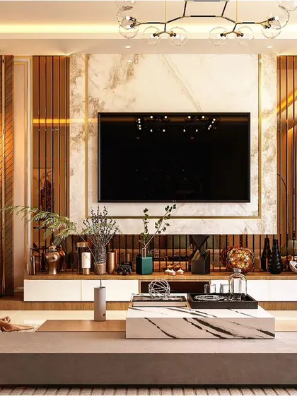 A modern living room where wood and marble create a warm yet sophisticated ambiance. The fluted wood paneling on the TV wall adds texture and depth, complemented by a sleek, low-profile media console.