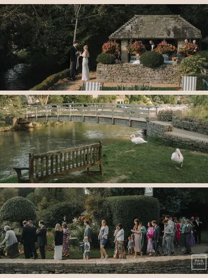 A three-panel collage capturing the serene environment of the Bibury wedding, from the riverside setting to the guests enjoying the beautiful day.