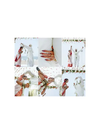 A collage of beautiful moments from a beachside wedding ceremony, capturing the joy and rituals.