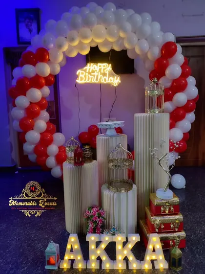 A simple red and white balloon ring with a neon sign, perfect for a birthday surprise.