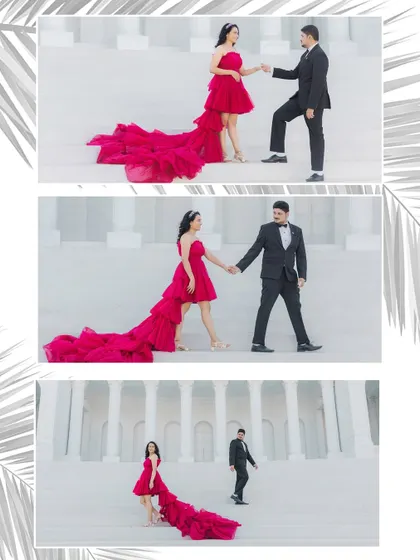 A collage showcasing a dramatic red dress with a long train against a clean, white architectural backdrop. The focus is on movement and high-fashion elegance.