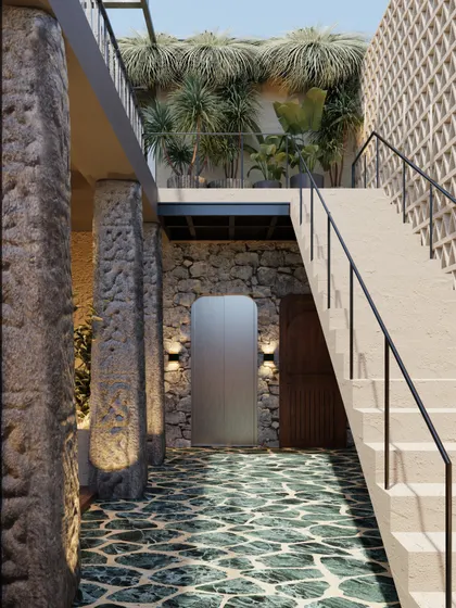 Another angle of the staircase, highlighting the contrast between the rough stone walls and the smooth, modern steps. The design artfully weaves together rustic and contemporary elements.