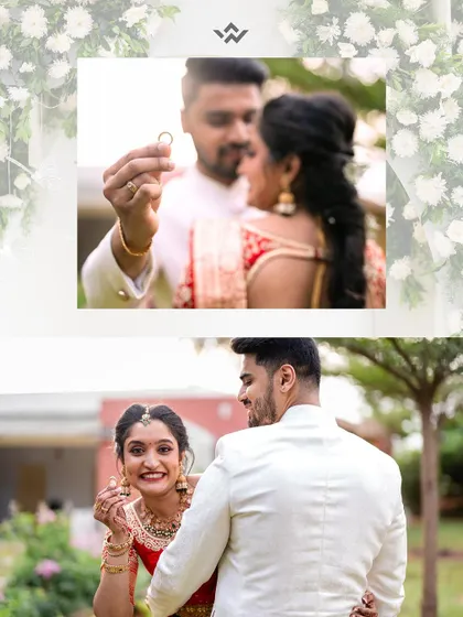 A collage showing the groom presenting the ring and the bride's joyful reaction. Capturing the proposal and the ring is a key part of the engagement story.