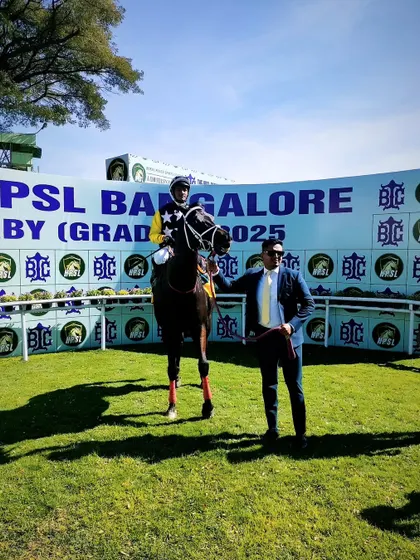 Mayne Magic, with jockey P. Sai Kumar, after winning The Mysore Race Club Cup.