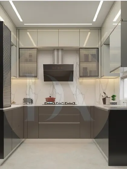 A 3D render of a U-shaped kitchen with a breakfast counter. The design uses a dark grey and white color scheme with marble-look backsplash for a modern and sophisticated feel.