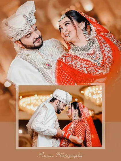 A collage of the couple's romantic moments from their wedding day, designed for a wedding album.