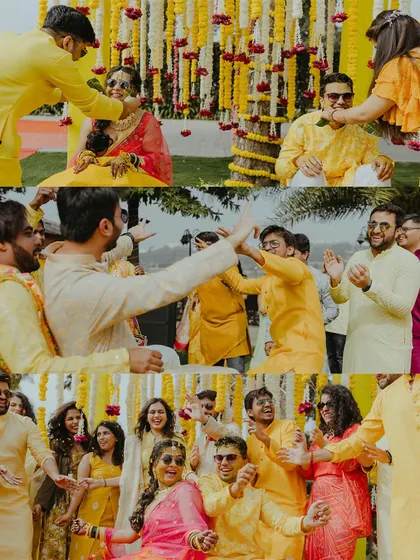 A collage capturing the fun and energy of the Haldi, with friends and family dancing and celebrating around the couple.