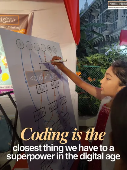 A young student maps out a logical path on a whiteboard. We believe coding is a superpower, and we teach kids how to wield it by breaking down problems and designing solutions step-by-step.