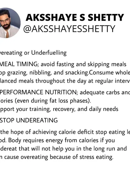 Overeating or underfueling can both stall progress. I advise against skipping meals and instead consuming balanced, whole-food meals at regular intervals to support performance and recovery.