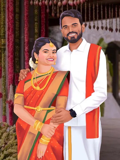 This is the same couple portrait set against their actual wedding decor. This option allows clients to have a versatile illustration that can be used with different backgrounds.