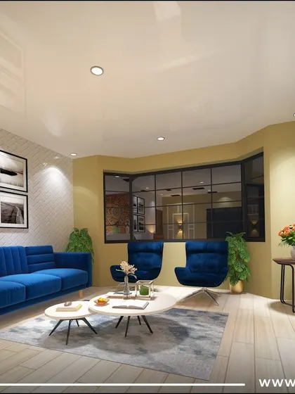 This living room from our eclectic Pune project features a mix of styles, including a modern blue sofa, a classic fireplace, and a large, traditional tapestry, reflecting the client's personality.