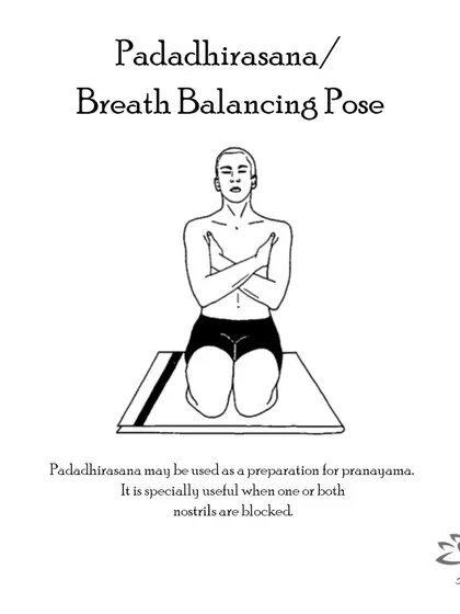 Padadhirasana (Breath Balancing Pose) is a preparatory pose for pranayama that helps to open the nostrils and balance the autonomic nervous system.