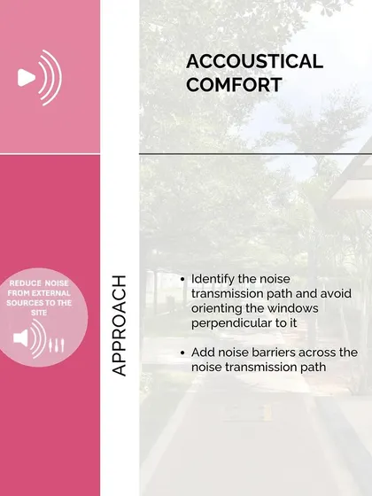Acoustical comfort is a critical part of creating pleasant outdoor spaces. Our design process involves identifying noise transmission paths and using landscaping or other barriers to mitigate external noise.