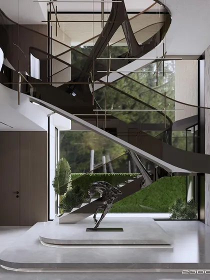 A sculptural staircase is the heart of our Meraki project. This design is a marvel of engineering and artistry, anchoring the space and providing a dynamic visual element that connects the home's different levels.